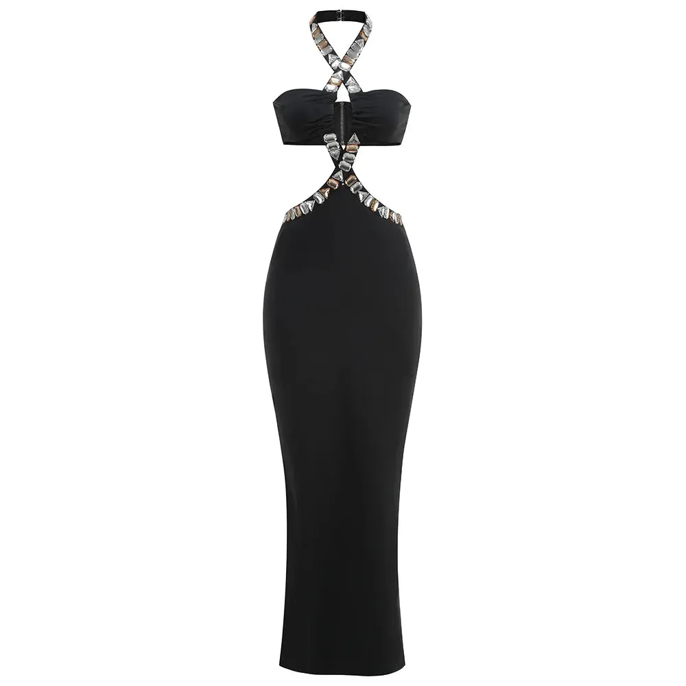 Trend4us Women's Crystal Embellished Cutout Halter Evening Gown