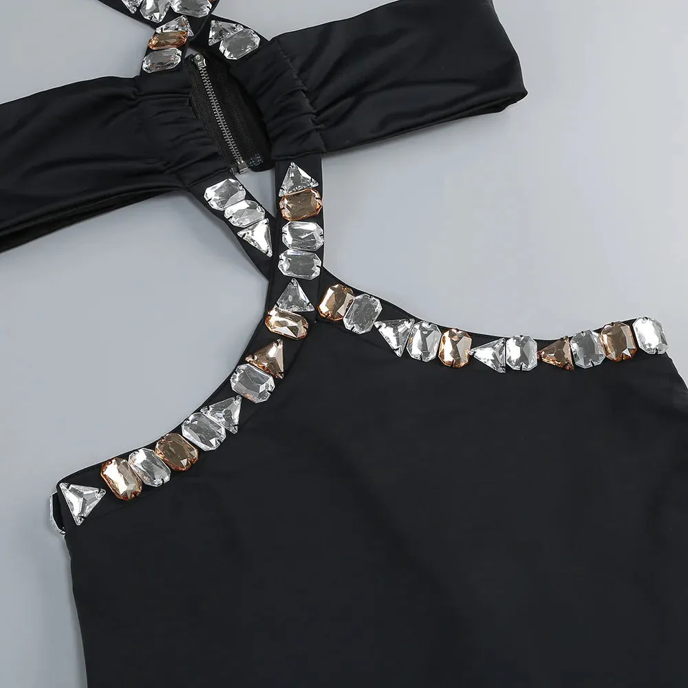 Trend4us Women's Crystal Embellished Cutout Halter Evening Gown