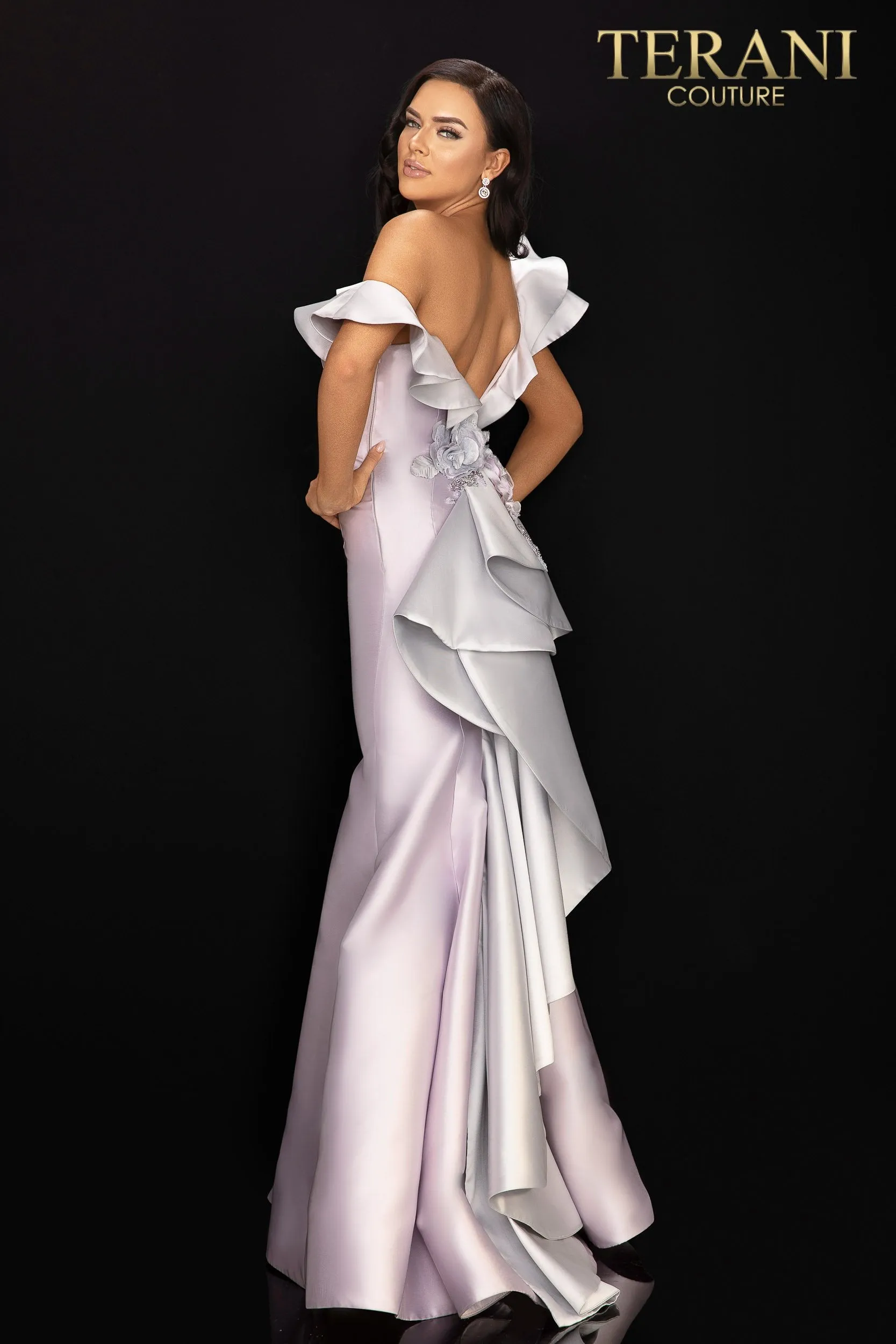 Two Tone One Shoulder Ruffled Evening Gown
