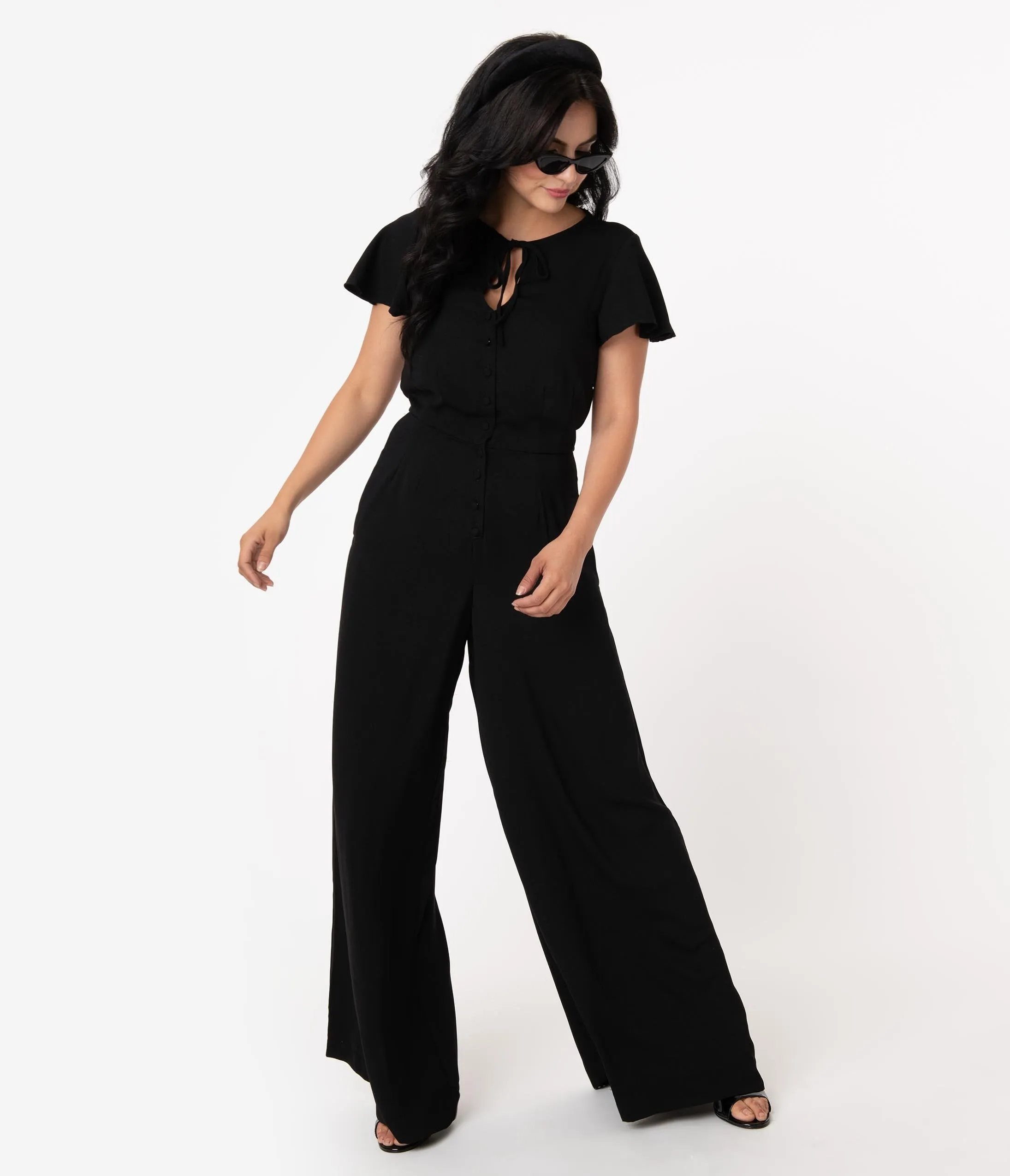 Unique Vintage 1960s Black Short Sleeve Orleans Jumpsuit