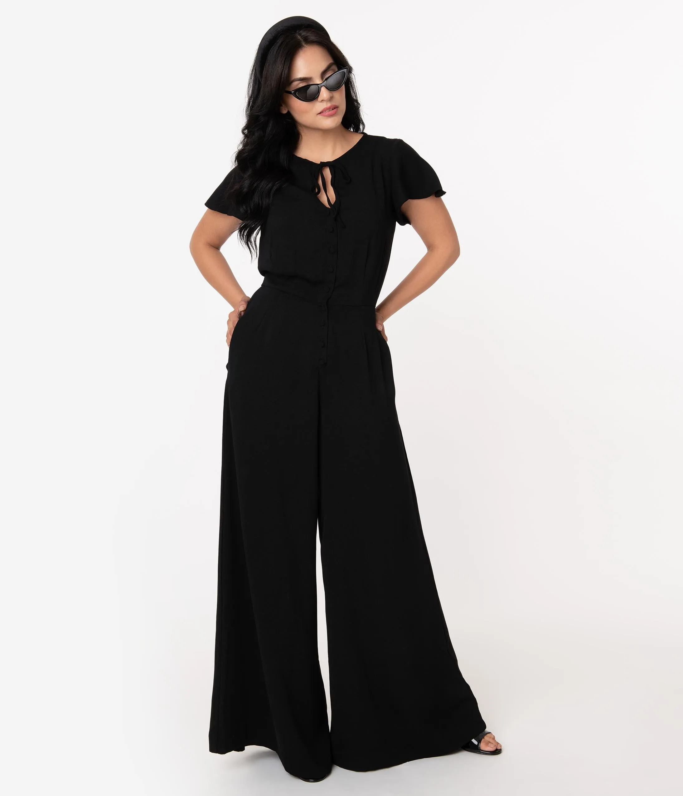 Unique Vintage 1960s Black Short Sleeve Orleans Jumpsuit