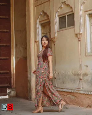 V-Neck Floral Dress With Side Slit