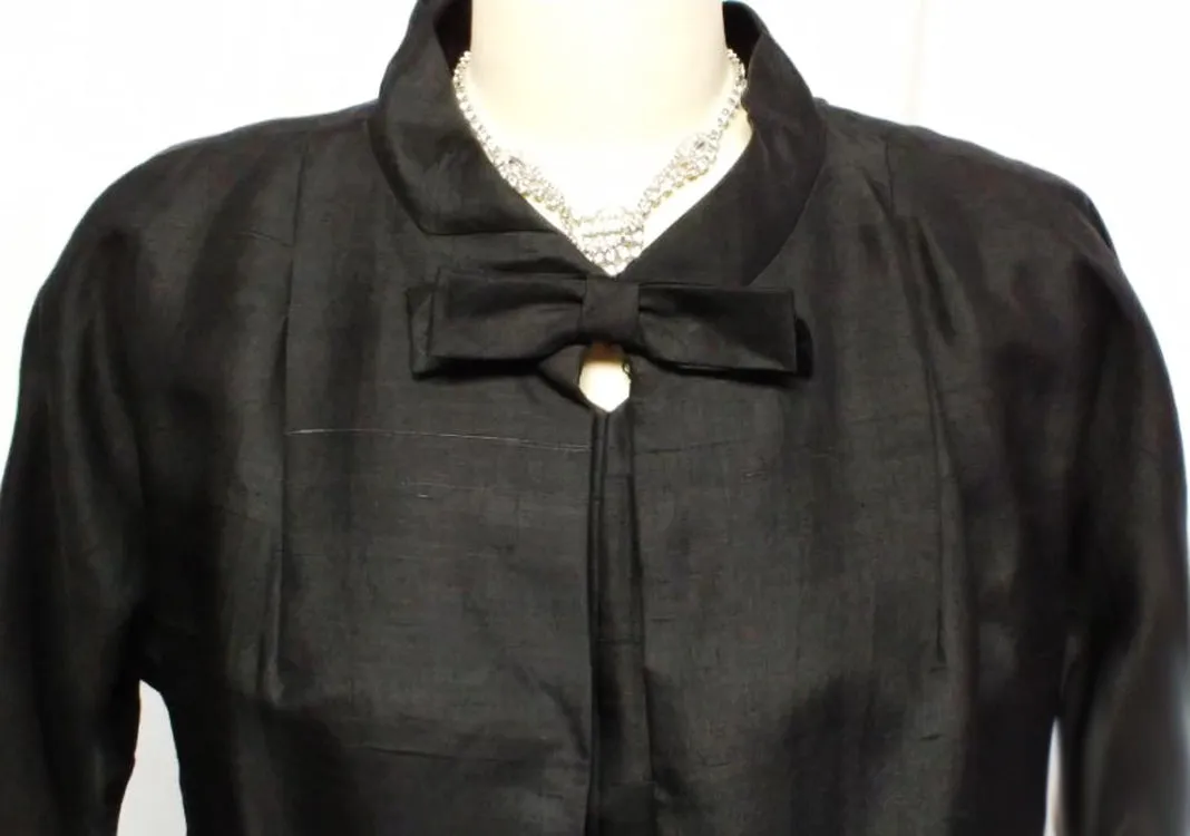 *VINTAGE 1950s BLACK SILK COAT & METAL ZIPPER DRESS ENSEMBLE
