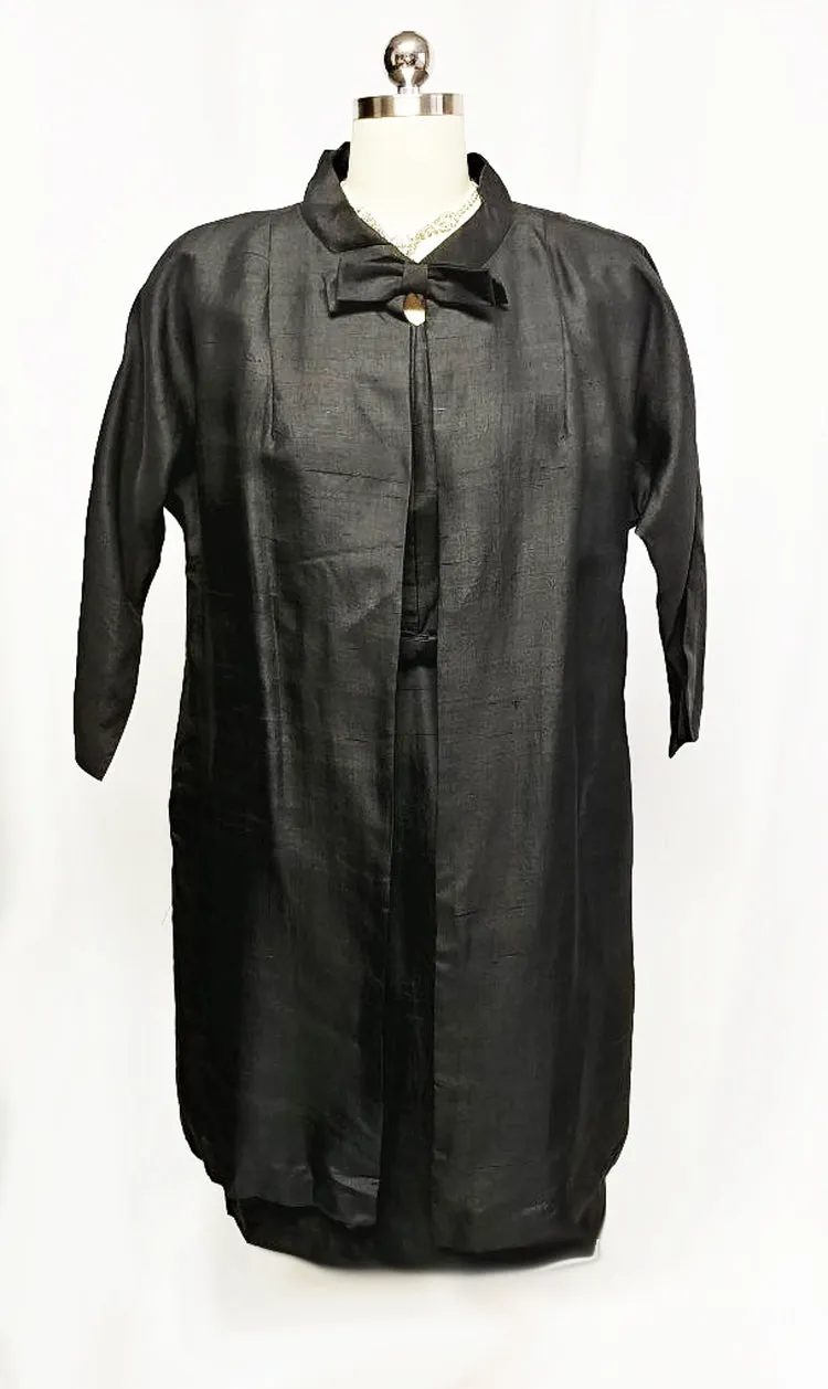*VINTAGE 1950s BLACK SILK COAT & METAL ZIPPER DRESS ENSEMBLE