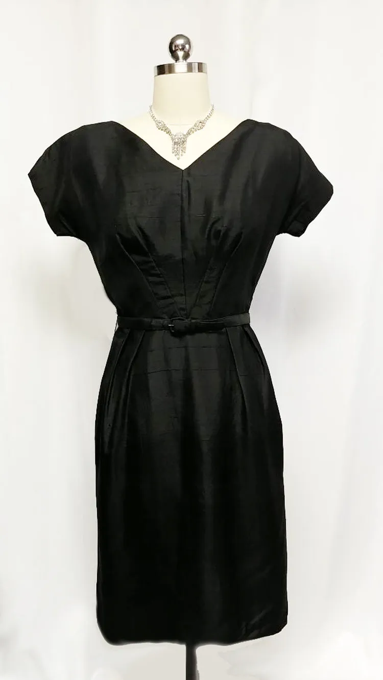 *VINTAGE 1950s BLACK SILK COAT & METAL ZIPPER DRESS ENSEMBLE