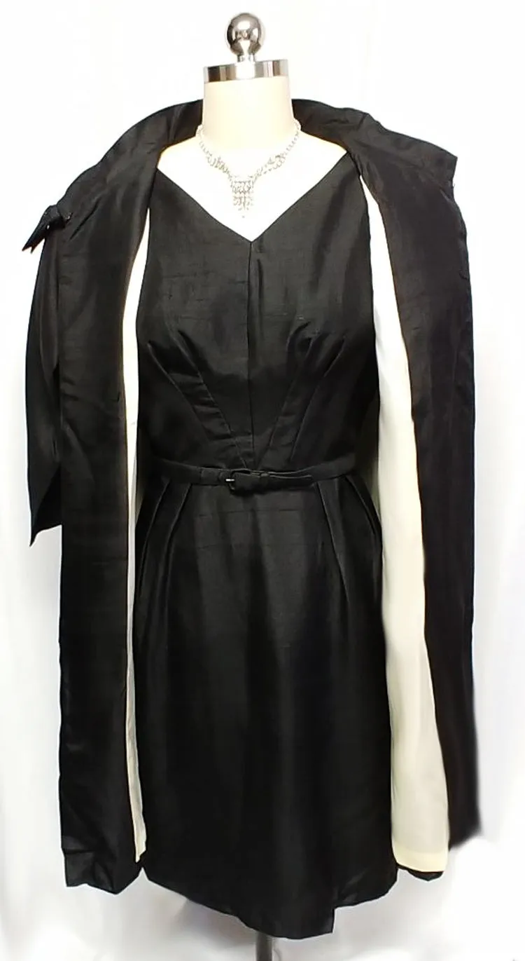 *VINTAGE 1950s BLACK SILK COAT & METAL ZIPPER DRESS ENSEMBLE