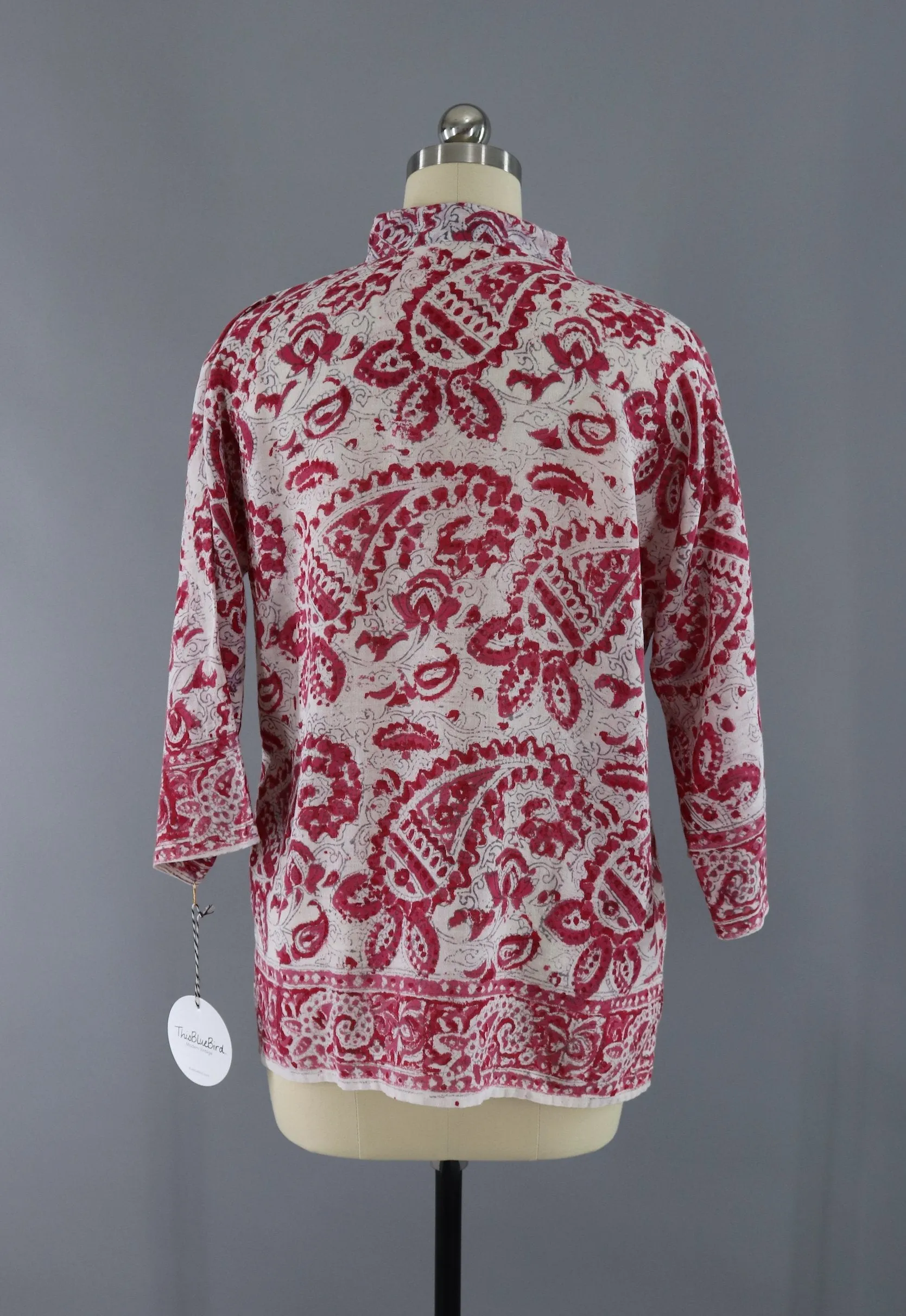 Vintage 1970s Indian Cotton Gauze Tunic Blouse / Raspberry Red Block Print