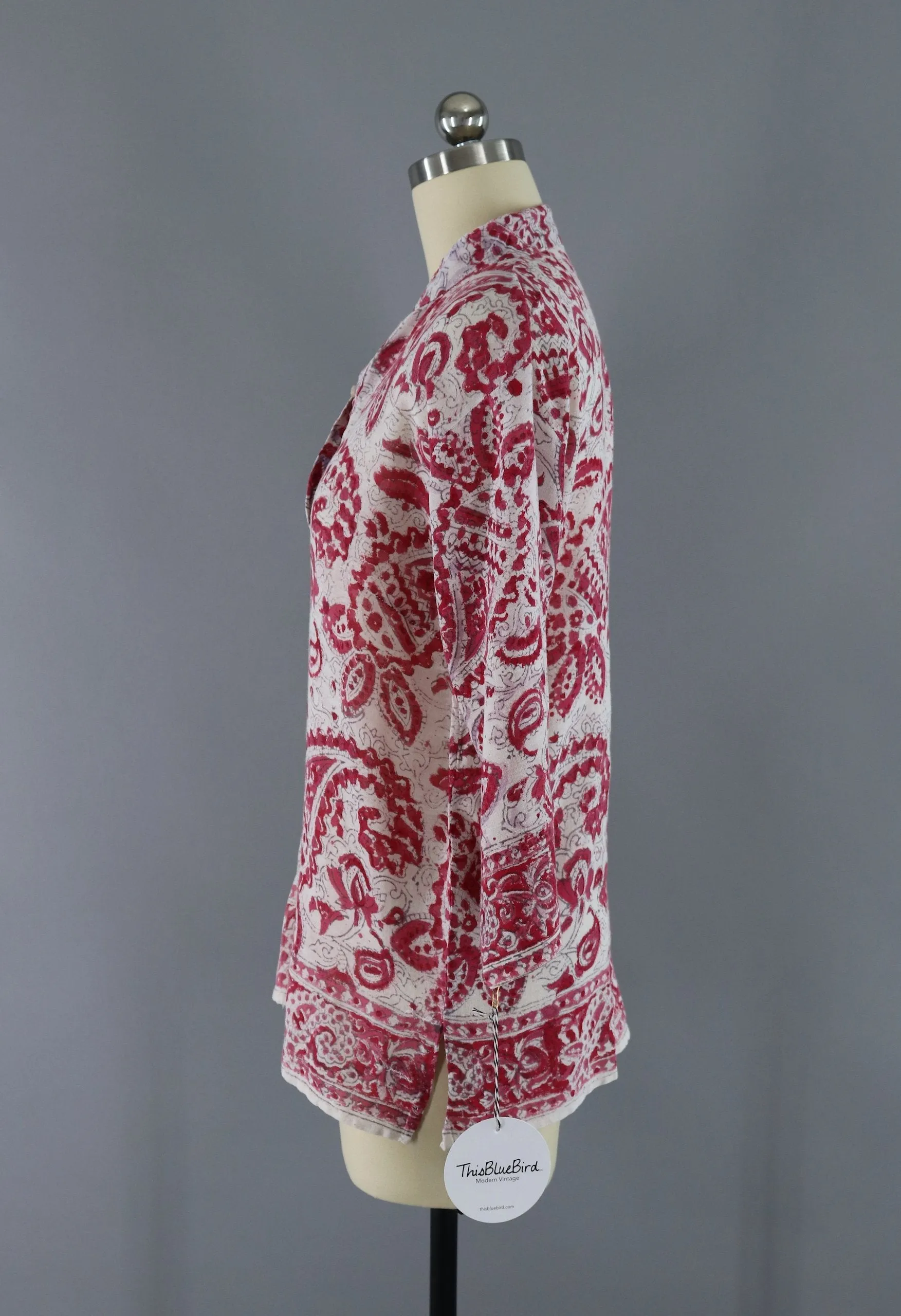 Vintage 1970s Indian Cotton Gauze Tunic Blouse / Raspberry Red Block Print