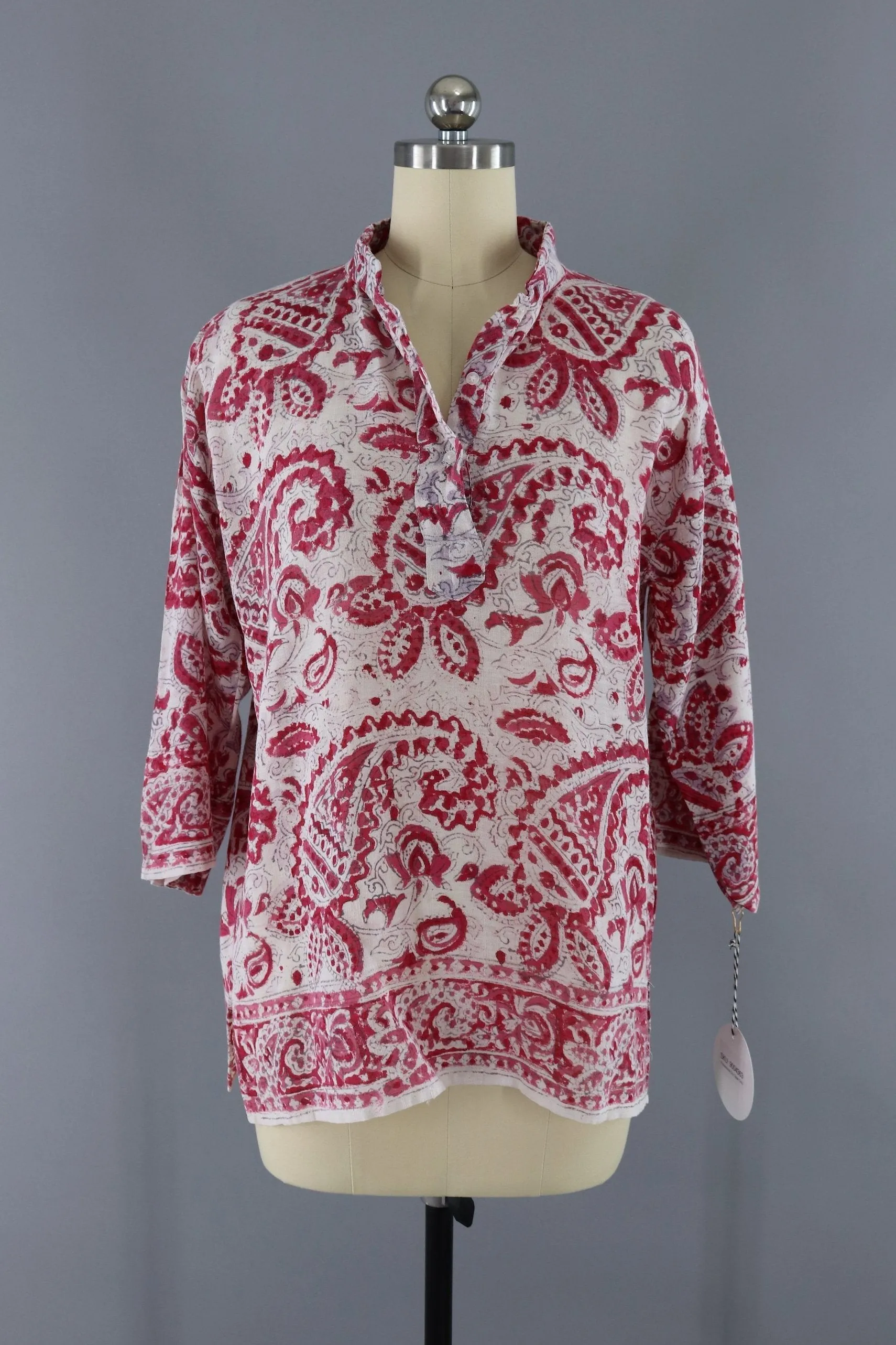 Vintage 1970s Indian Cotton Gauze Tunic Blouse / Raspberry Red Block Print