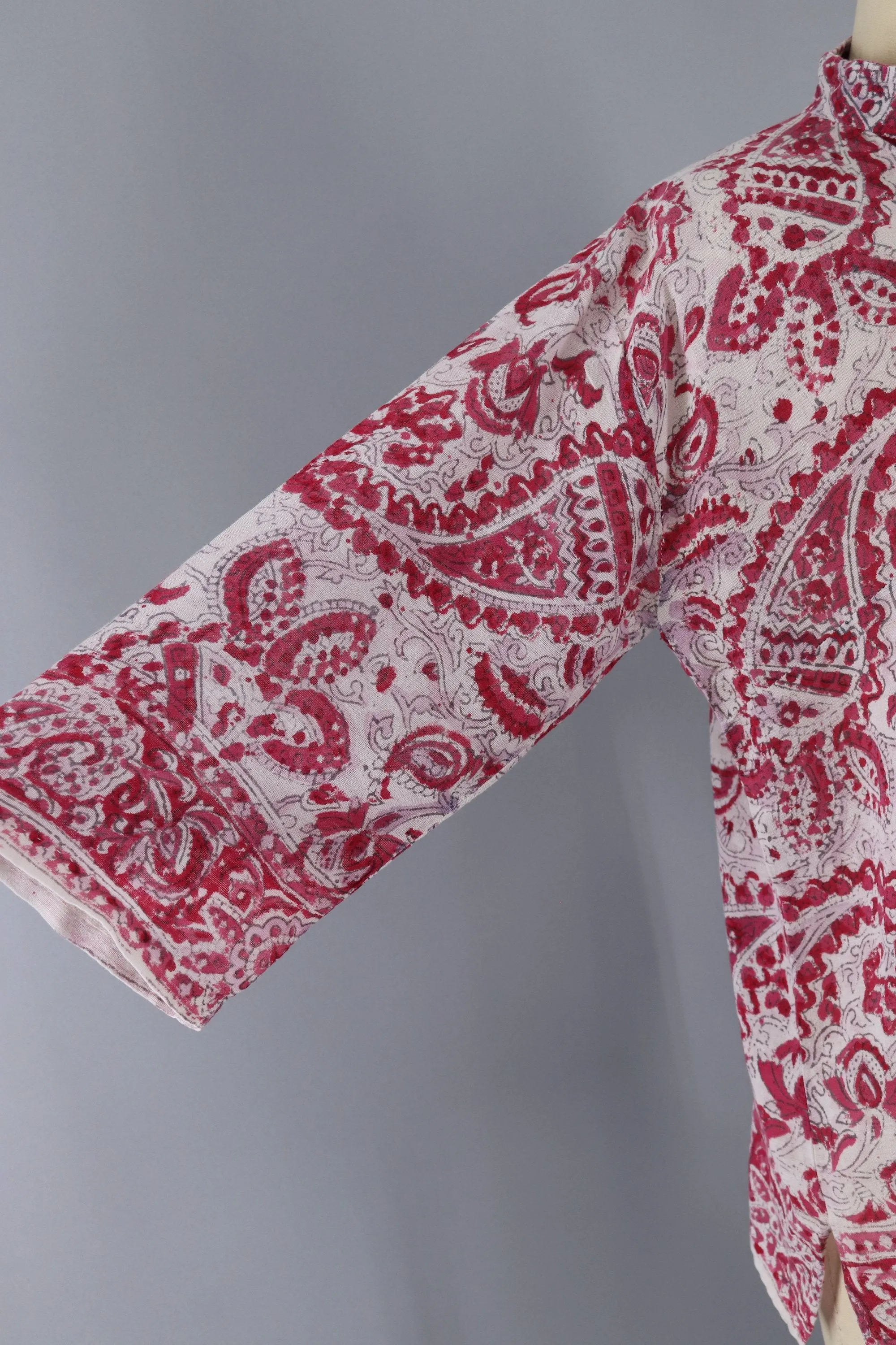 Vintage 1970s Indian Cotton Gauze Tunic Blouse / Raspberry Red Block Print