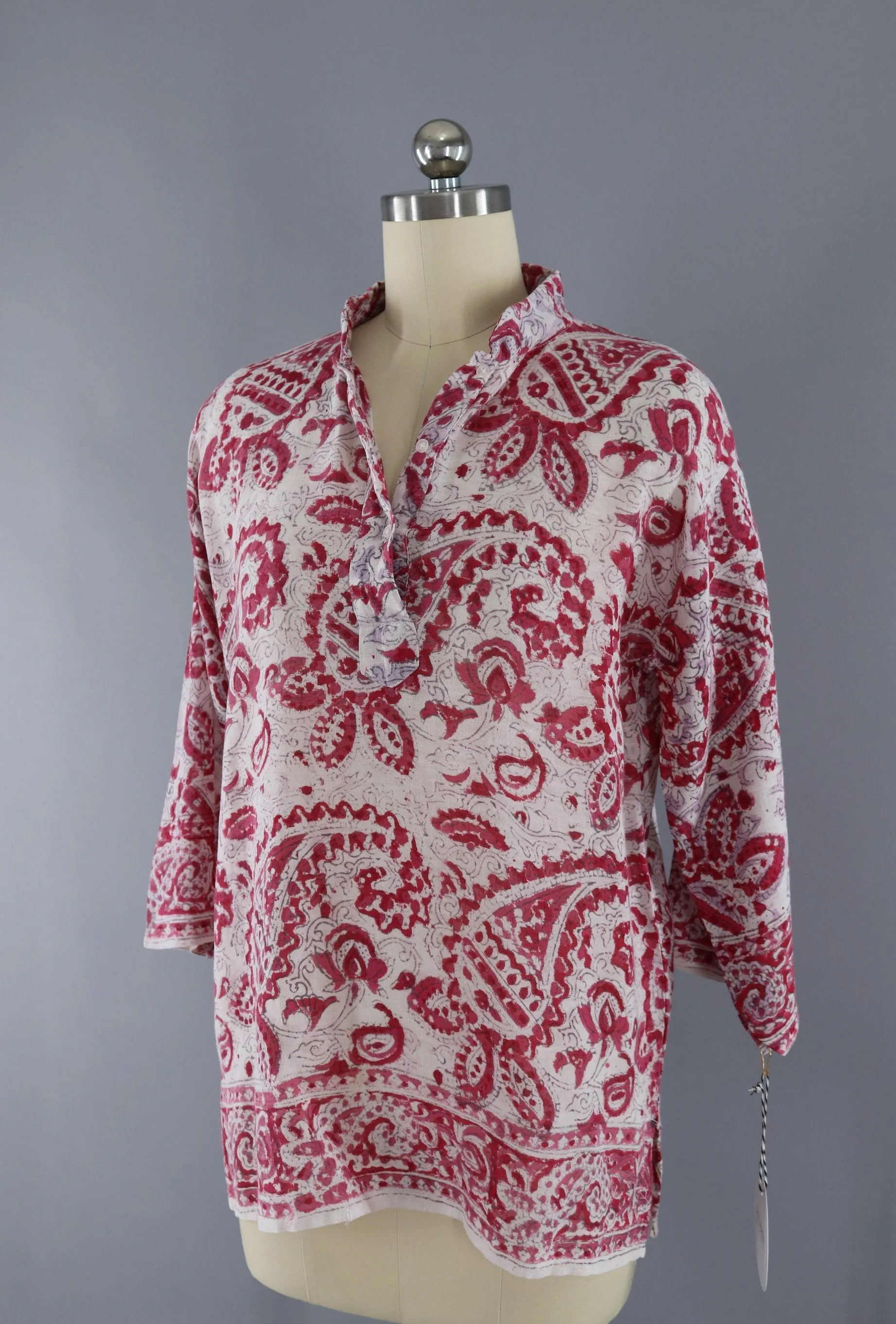 Vintage 1970s Indian Cotton Gauze Tunic Blouse / Raspberry Red Block Print