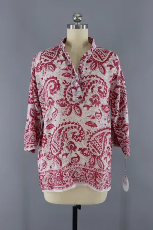 Vintage 1970s Indian Cotton Gauze Tunic Blouse / Raspberry Red Block Print