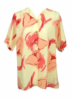 Vintage 80s Bright Abstract Scoop Neck Short Sleeve Button Down Blouse