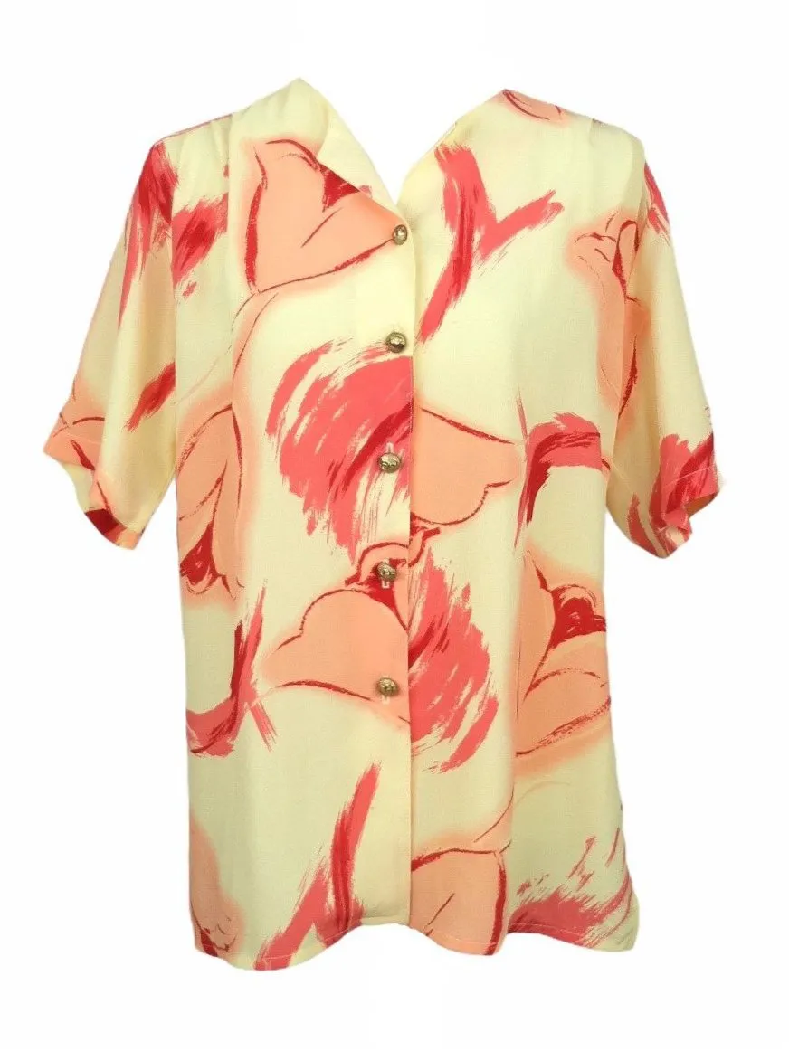 Vintage 80s Bright Abstract Scoop Neck Short Sleeve Button Down Blouse