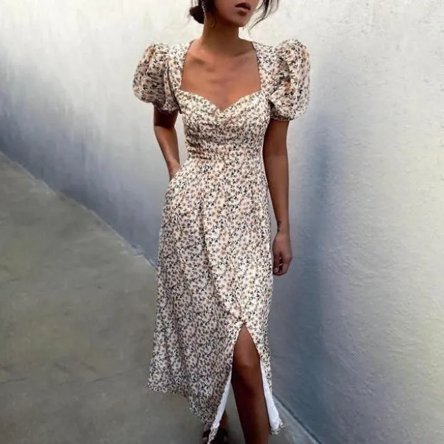 Vintage Puff Short Sleeve Midi Dress
