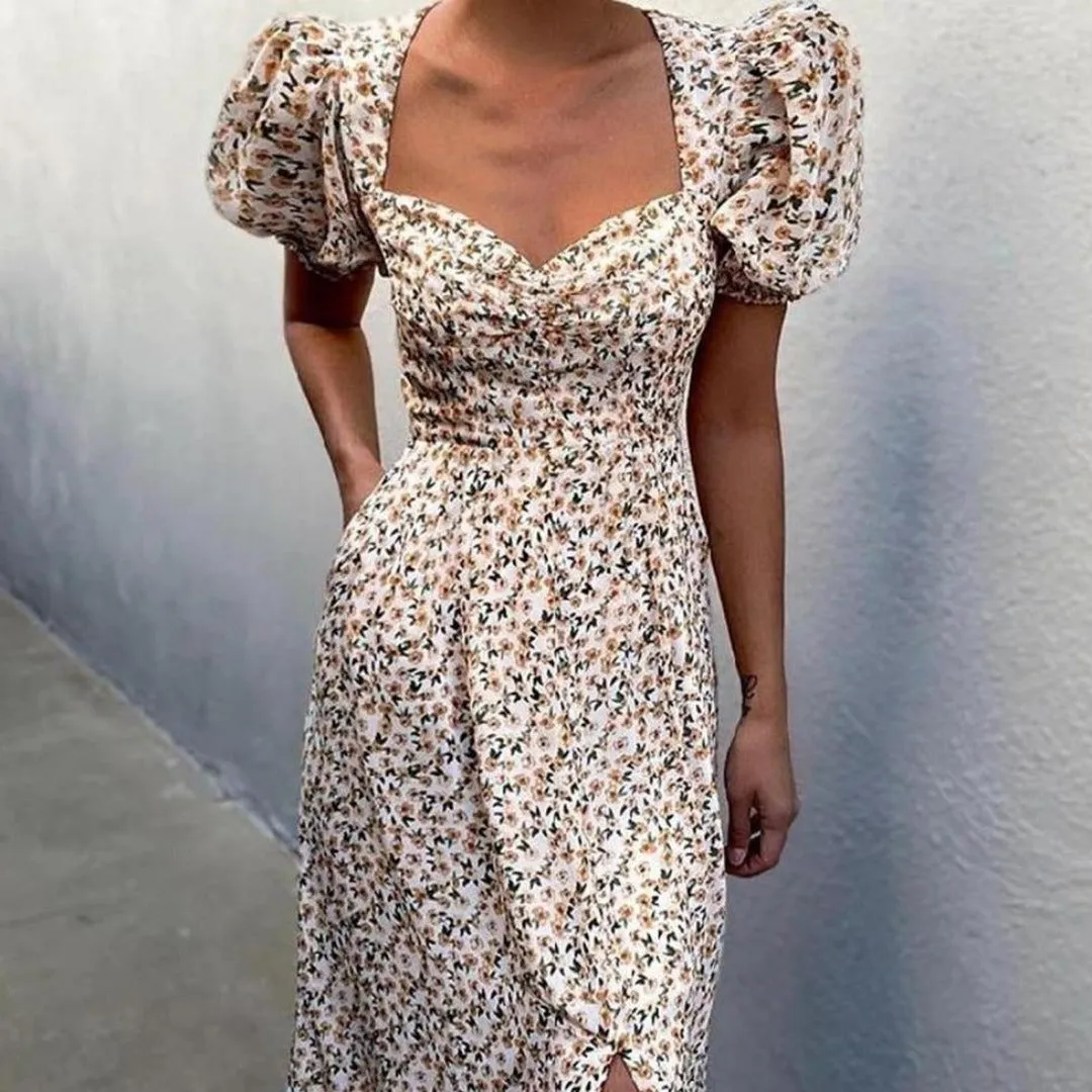 Vintage Puff Short Sleeve Midi Dress