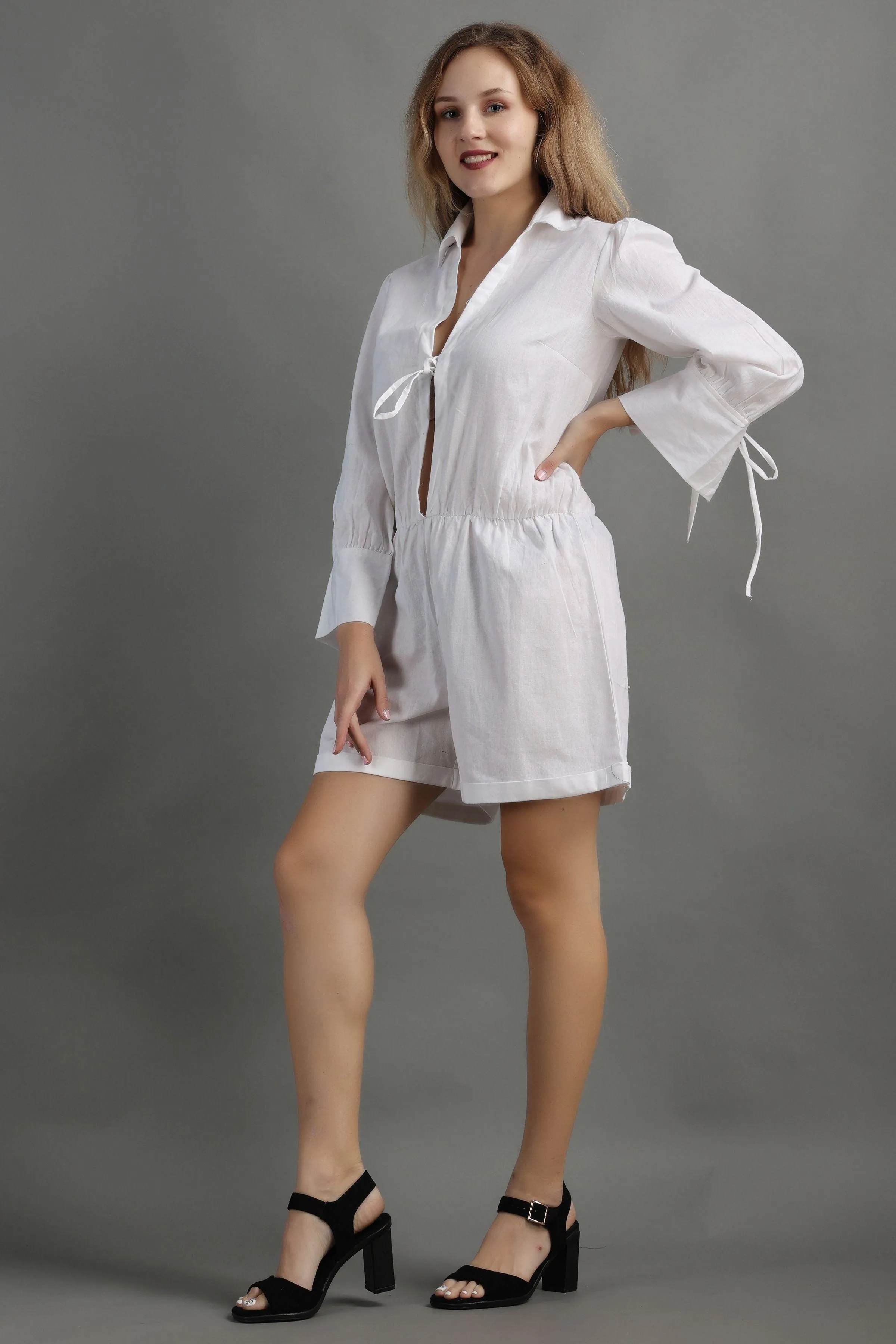 White Solid Playsuit