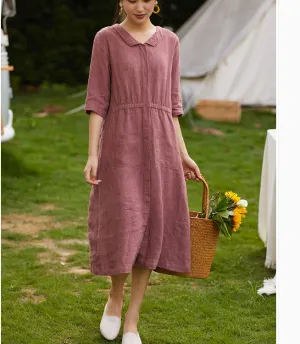 Women Dresses Ramie Casual Summer Buttons Linen Women Dresses SSM97215