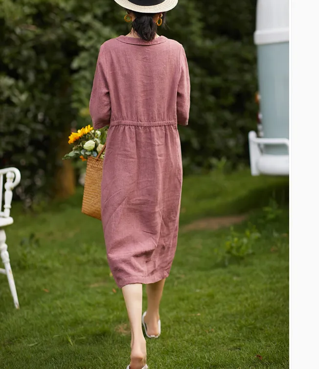 Women Dresses Ramie Casual Summer Buttons Linen Women Dresses SSM97215