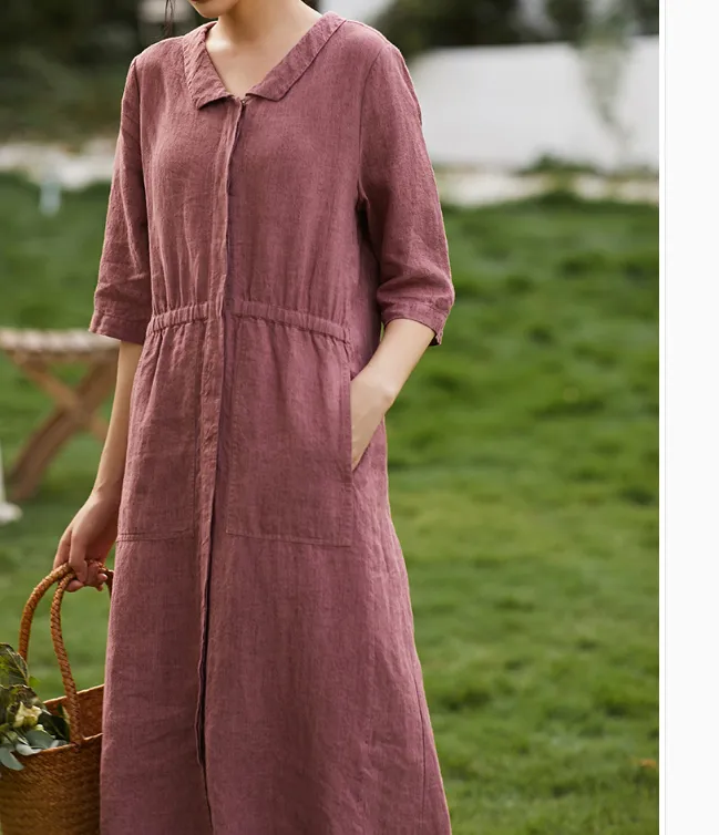 Women Dresses Ramie Casual Summer Buttons Linen Women Dresses SSM97215