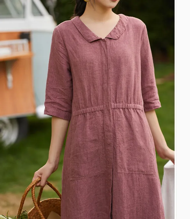 Women Dresses Ramie Casual Summer Buttons Linen Women Dresses SSM97215