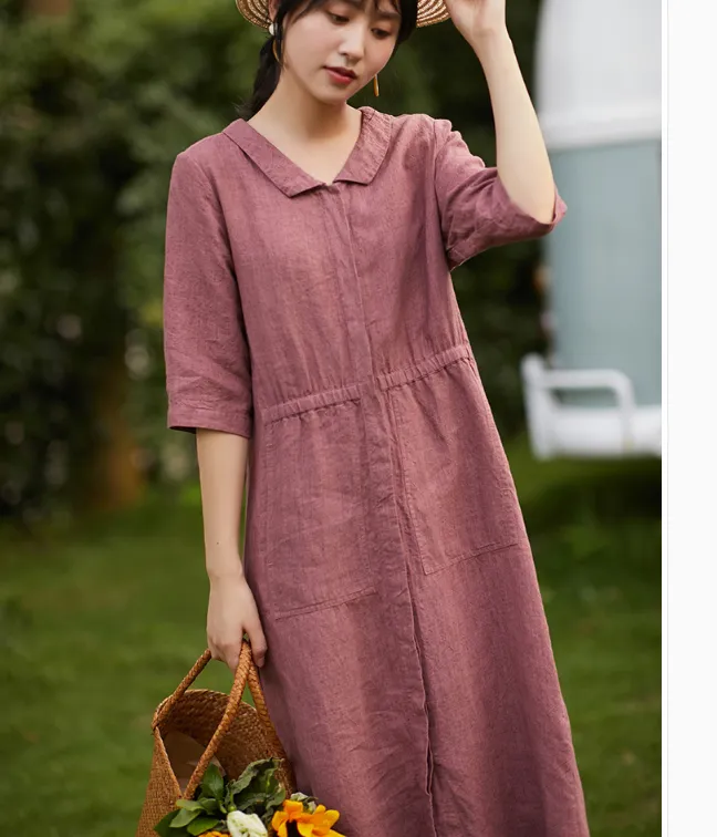 Women Dresses Ramie Casual Summer Buttons Linen Women Dresses SSM97215