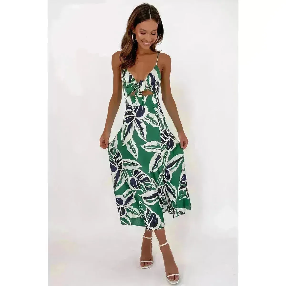 Women Sweet Tie-neck Split Sleeveless Floral Midi Dress