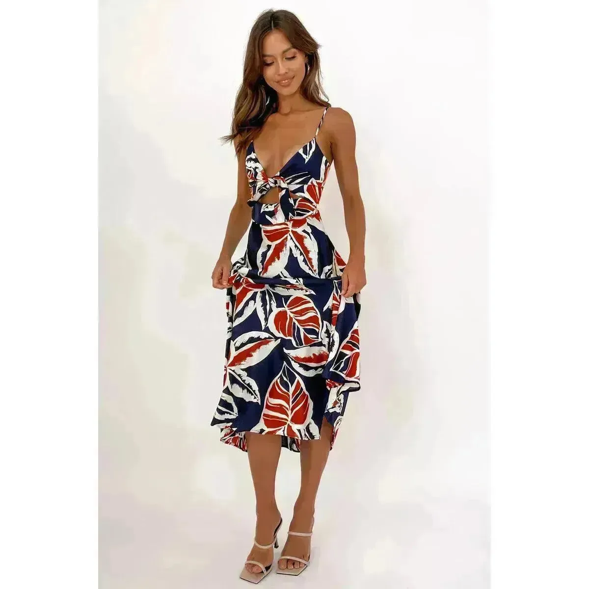 Women Sweet Tie-neck Split Sleeveless Floral Midi Dress
