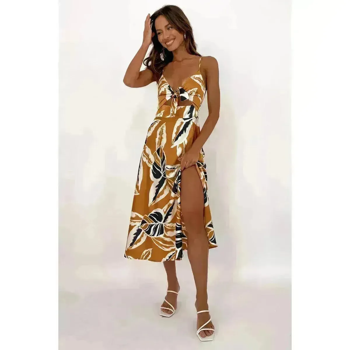 Women Sweet Tie-neck Split Sleeveless Floral Midi Dress