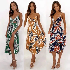 Women Sweet Tie-neck Split Sleeveless Floral Midi Dress
