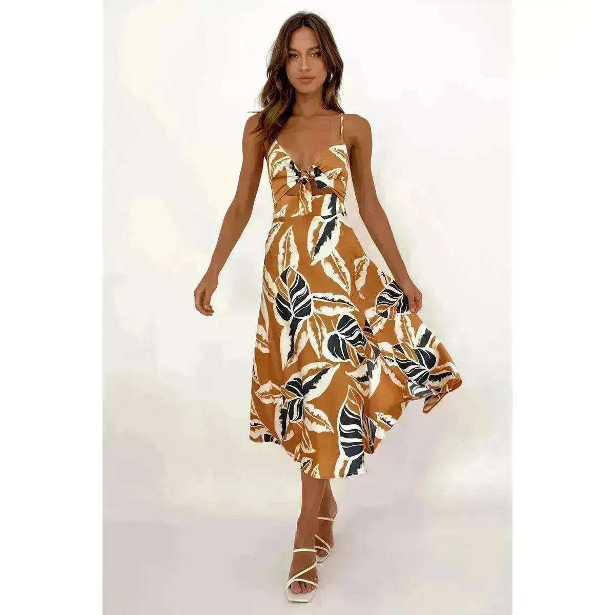Women Sweet Tie-neck Split Sleeveless Floral Midi Dress