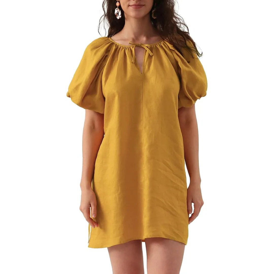 Womens Pure Linen Dress, Summer Puff Sleeve Dress, V Neck Mini Dress