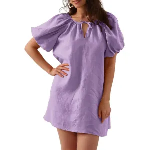 Womens Pure Linen Dress, Summer Puff Sleeve Dress, V Neck Mini Dress
