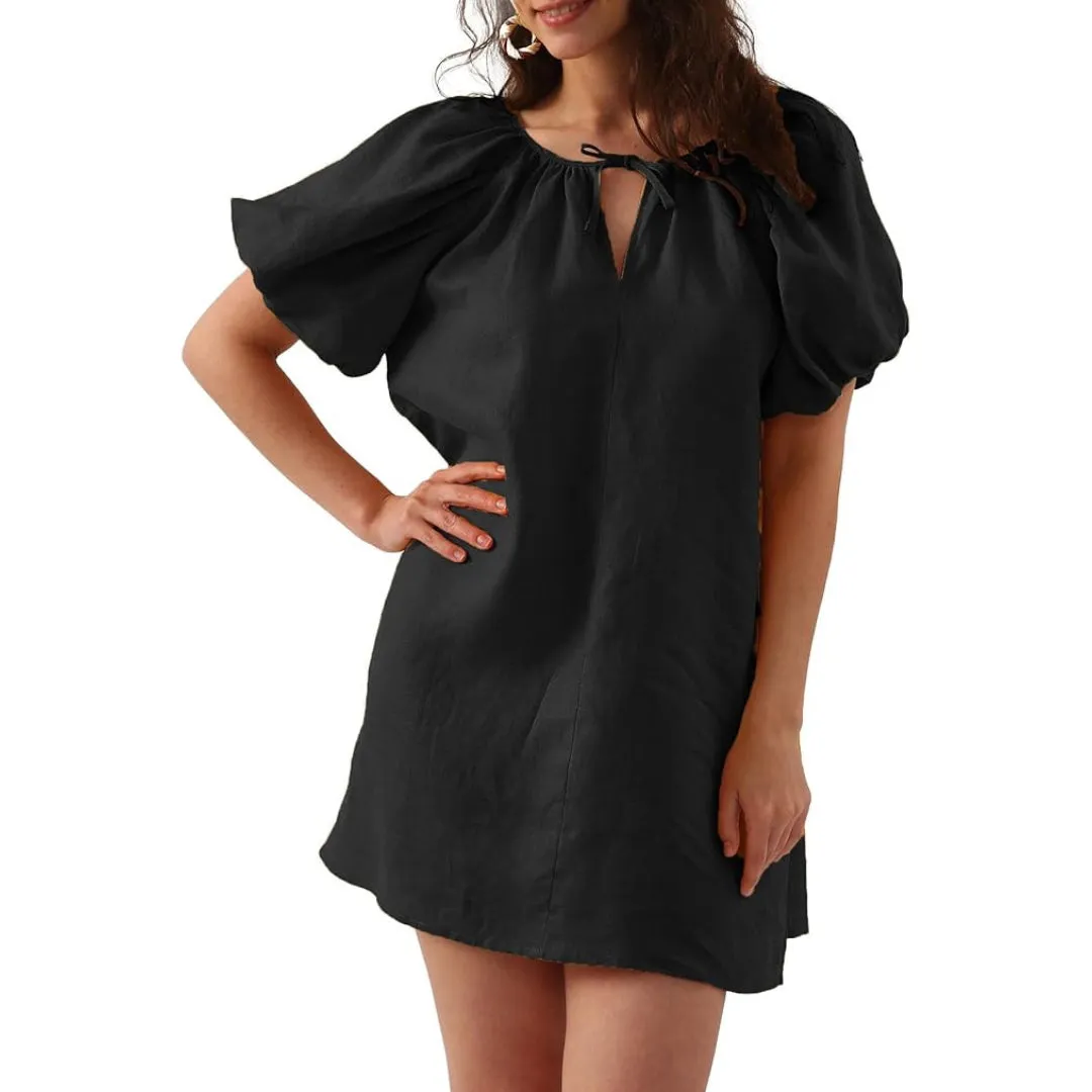 Womens Pure Linen Dress, Summer Puff Sleeve Dress, V Neck Mini Dress