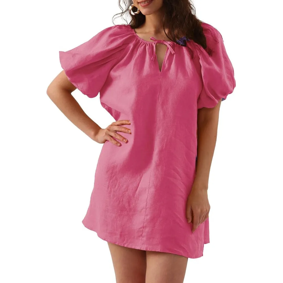 Womens Pure Linen Dress, Summer Puff Sleeve Dress, V Neck Mini Dress