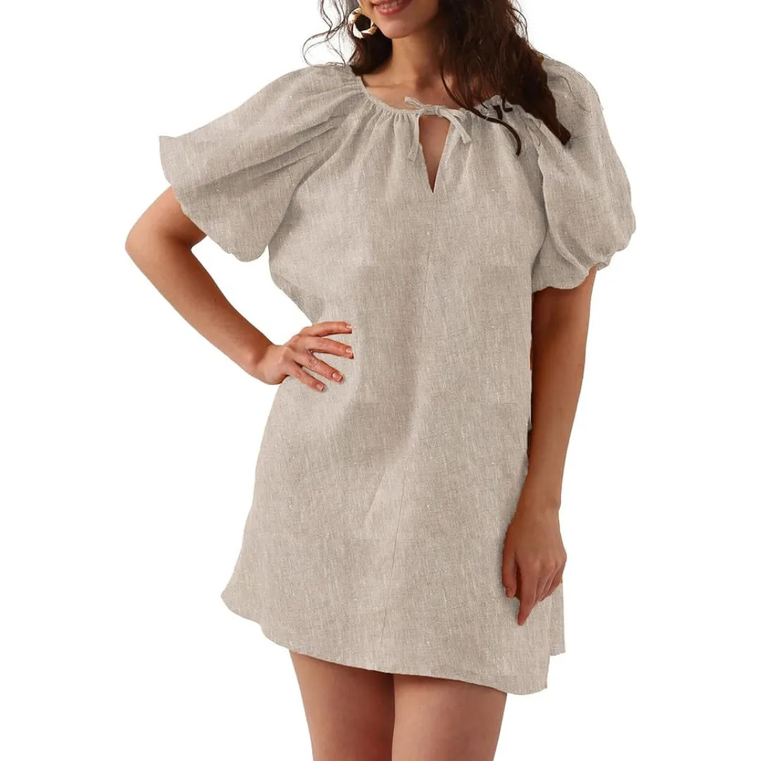 Womens Pure Linen Dress, Summer Puff Sleeve Dress, V Neck Mini Dress