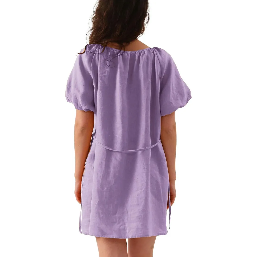 Womens Pure Linen Dress, Summer Puff Sleeve Dress, V Neck Mini Dress