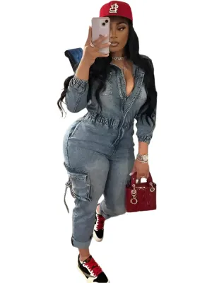 Women's Y2K Denim Cargo Jumpsuit - Fashion Patchwork Jean Overalls with Pockets, Lapel Zipper Stretch Playsuit for Fall & Winter Streetwear