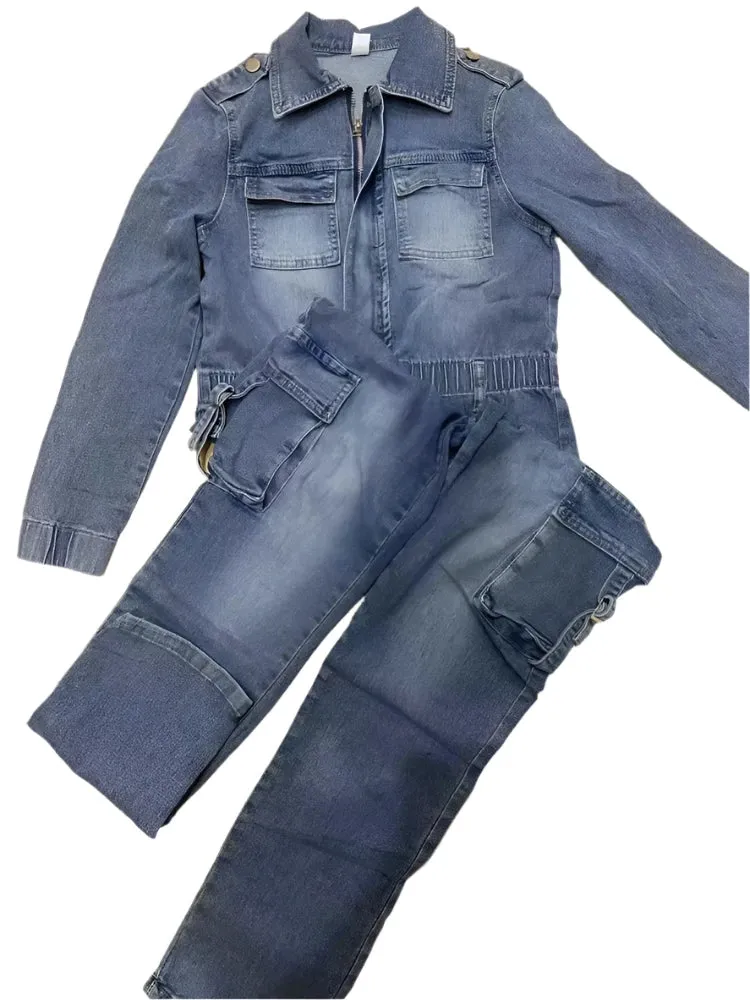 Women's Y2K Denim Cargo Jumpsuit - Fashion Patchwork Jean Overalls with Pockets, Lapel Zipper Stretch Playsuit for Fall & Winter Streetwear