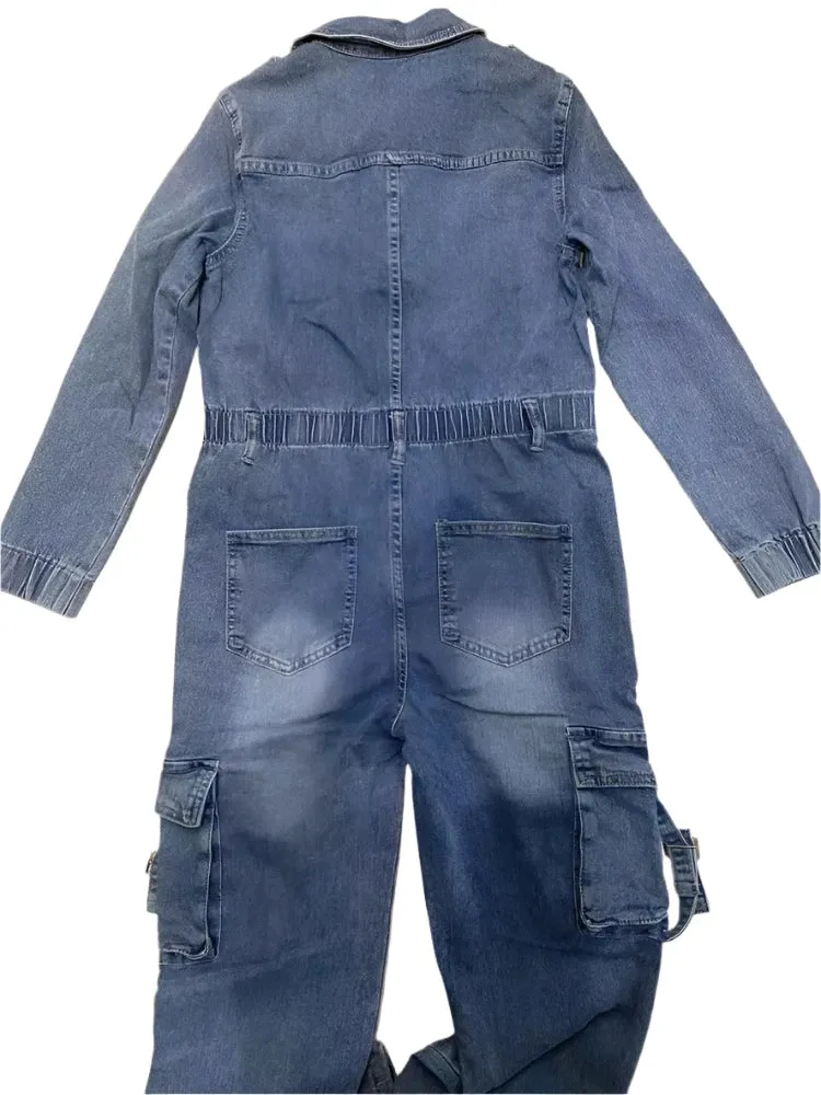 Women's Y2K Denim Cargo Jumpsuit - Fashion Patchwork Jean Overalls with Pockets, Lapel Zipper Stretch Playsuit for Fall & Winter Streetwear