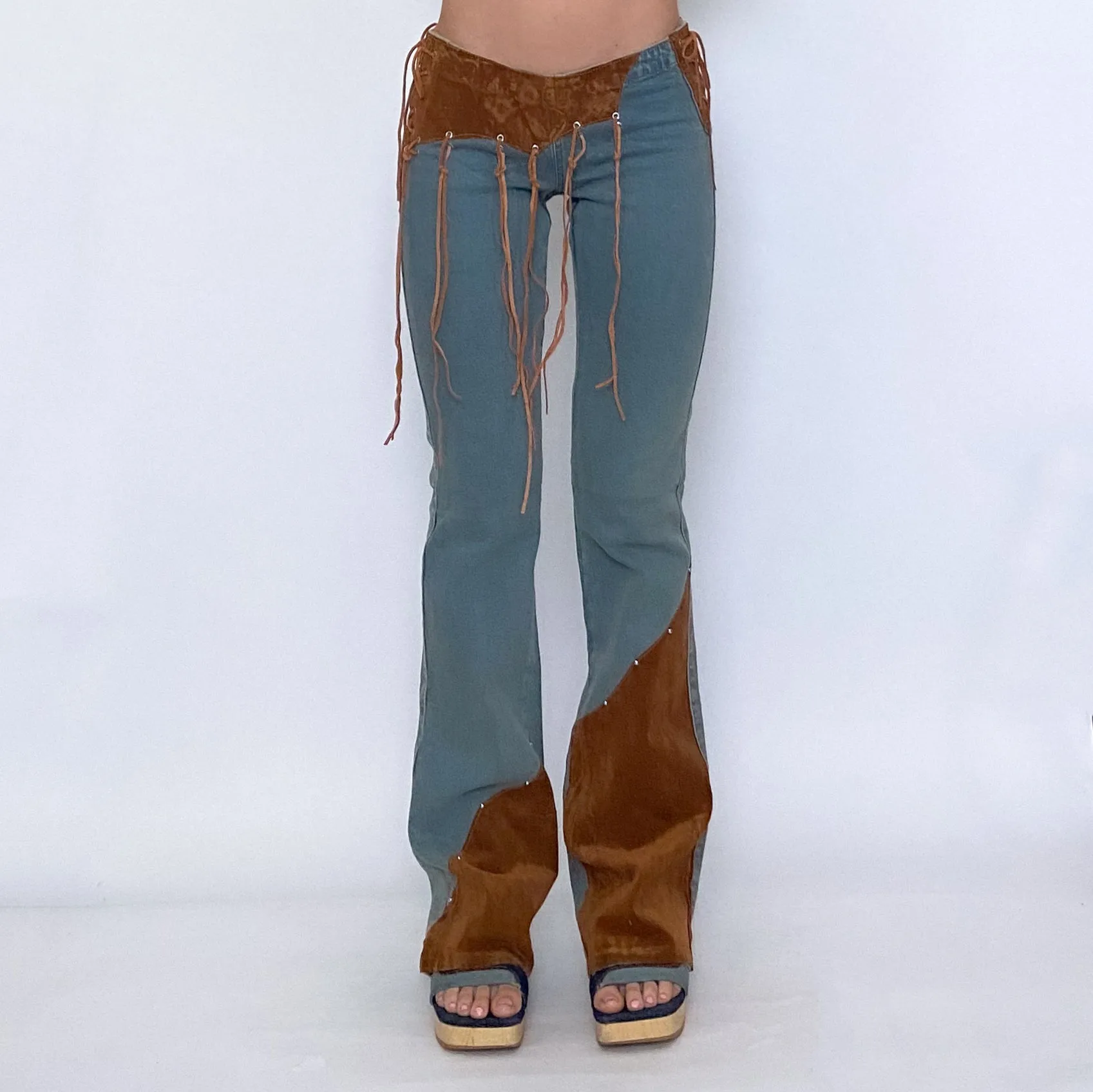 y2k western fringe and suede lace up jeans - extra small